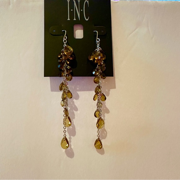 NWT INC Earrings silver tone chain Dangle, long with brown faceted crystal beads - Picture 4 of 7